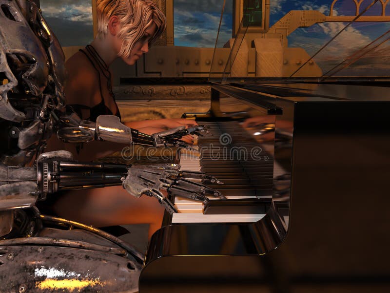 Ciérrese para arriba de un robot y de una mujer que juegan el piano libre illustration Ciérrese para arriba de un robot y de una mujer que juegan el piano libre illustration