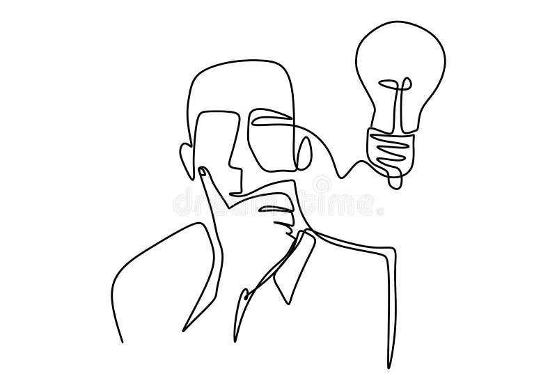 Ciągły, jednoliniowy rysunek idei i symbol kreatywności z lampą. koncepcja myślenia. osoba myśląca i wpadająca na pomysł