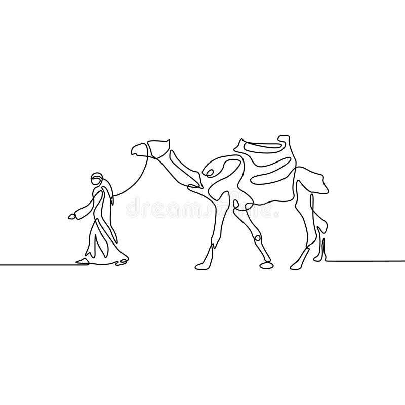 Ciągły kreskowego rysunku mężczyzna prowadzi wielbłąda r?wnie? zwr?ci? corel ilustracji wektora ilustracji Ciągły kreskowego rysunku mężczyzna prowadzi wielbłąda r?wnie? zwr?ci? corel ilustracji wektora ilustracji