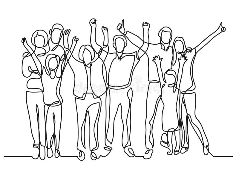 continuous line drawing of happy big family cheering vector linear illustration. continuous line drawing of happy big family cheering vector linear illustration