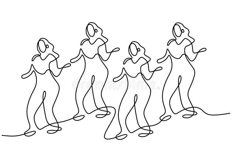 Ciągły rysunek grupy dziewcząt w tańcu zumby. cztery energiczne młode kobiety ćwiczą taniec na białym tle