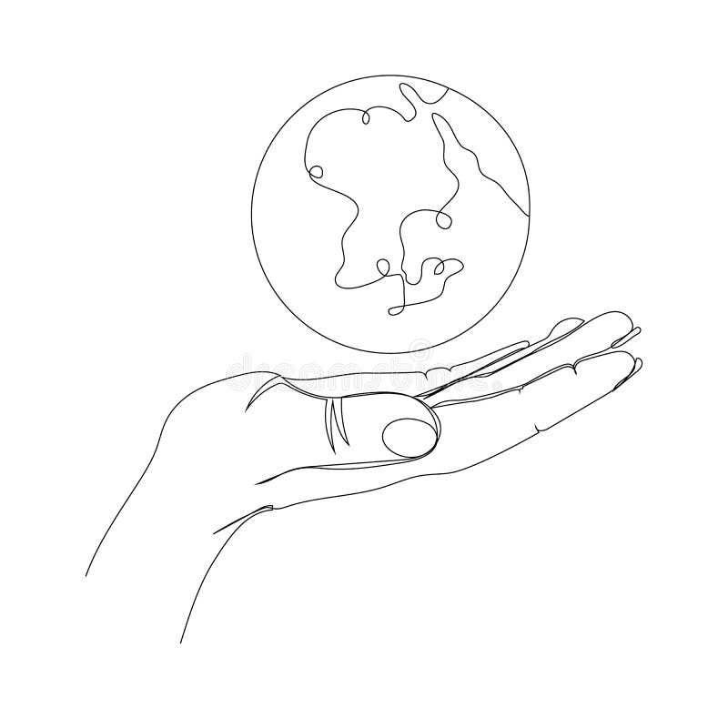 Ciągły rysunek jednowierszowy. ręka trzymająca ziemię globu. ilustracja wektorowa.