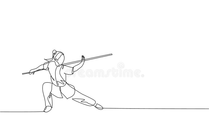 Ciągły rysunek młodych kobiet wushu fighter kung fu mistrz w jednolitym pociągu z długim personelem w centrum dojo. royalty ilustracja