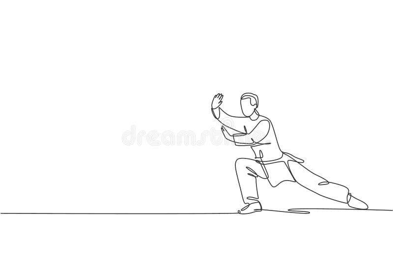 Ciągły rysunek młodych ludzi wushu fighter kung fu mistrz jednolitego szkolenia tai chi postawa w centrum dojo. ilustracja wektor