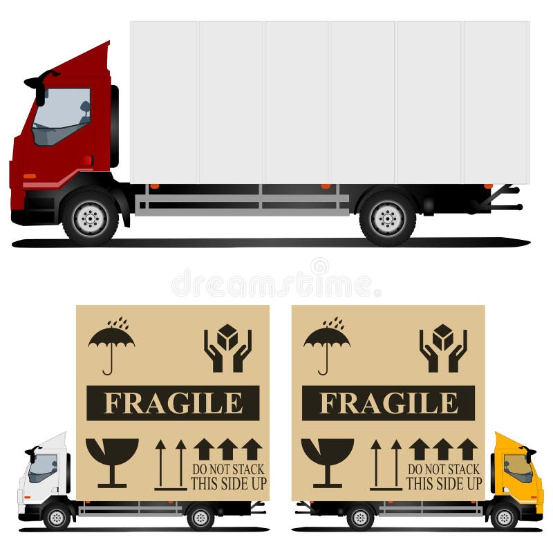 One truck with shipping container and two trucks with fragile cargo boxes. One truck with shipping container and two trucks with fragile cargo boxes