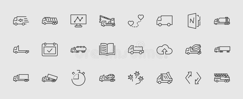 Ciężarówka set Przewiezione wektor linii ikony Zawiera taki ikony jak ciężarówkę, transport, Holownicza ciężarówka, żurawie, mela royalty ilustracja Ciężarówka set Przewiezione wektor linii ikony Zawiera taki ikony jak ciężarówkę, transport, Holownicza ciężarówka, żurawie, mela royalty ilustracja