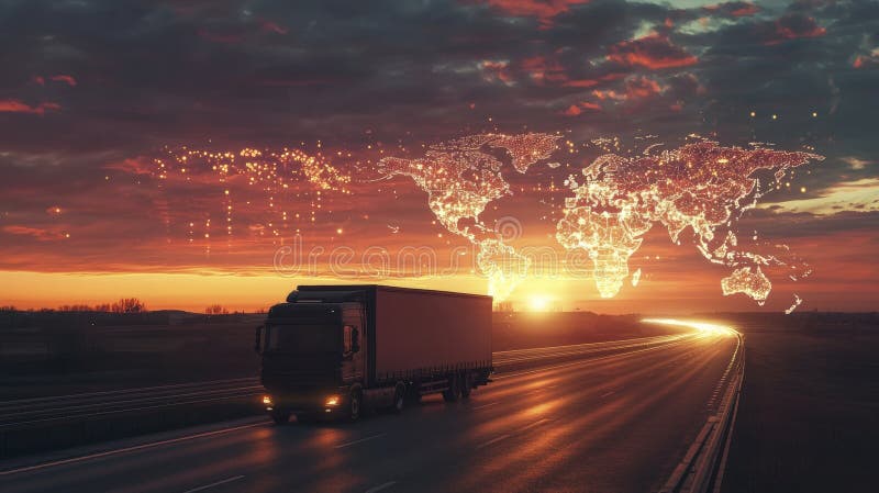 Ciężarówka z żywą mapą świata na autostradach sundown ilustracji