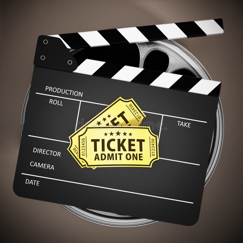 Clapboard και κινηματογράφων εισιτήρια στα εξέλικτρα ταινιών τρισδιάστατη απεικόνιση απεικόνιση αποθεμάτων Clapboard και κινηματογράφων εισιτήρια στα εξέλικτρα ταινιών τρισδιάστατη απεικόνιση απεικόνιση αποθεμάτων