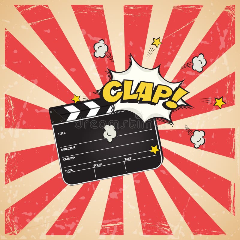 Clapperboard con palabra de la palmada en vintage rayó el fondo del arte pop Ejemplo retro del cine del vector ilustración del vector Clapperboard con palabra de la palmada en vintage rayó el fondo del arte pop Ejemplo retro del cine del vector ilustración del vector