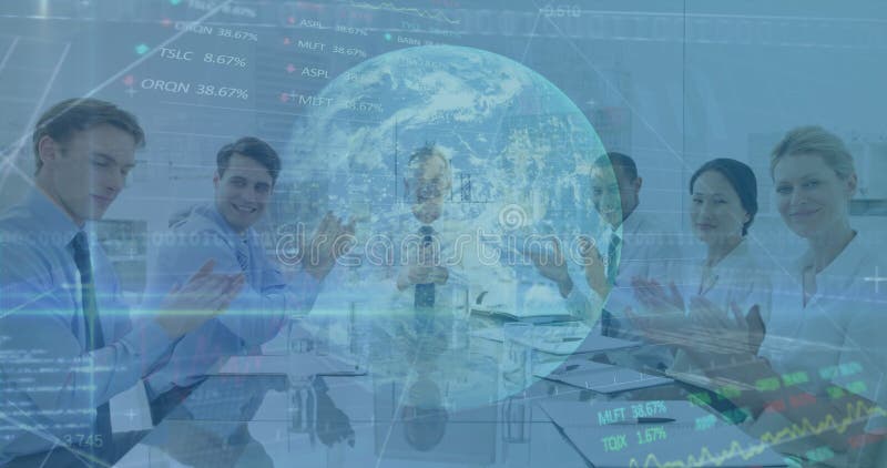 Clapping executives in suits presenting data in modern boardroom, with holographic globe and charts. Corporate, teamwork, innovation, analytics, digital, strategy, collaboration. Boardroom table clapping stock images, royalty-free photos and pictures