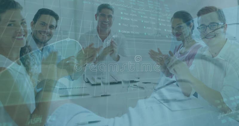 Clapping professionals applauding around boardroom table, with notebooks and digital charts overlay. Collaboration, teamwork, innovation, corporate, communication, strategy, modern. Boardroom table clapping stock images, royalty-free photos and pictures