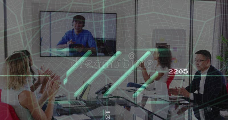 Clapping professionals collaborating online in boardroom with laptops speakerphone mug display. Corporate, teamwork, modern, communication, collaboration, technology, business. Boardroom table clapping stock images, royalty-free photos and pictures