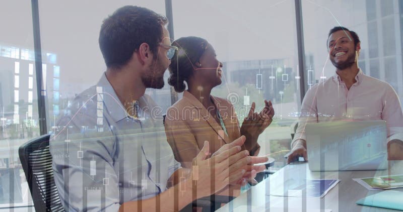 Clapping and speaking professionals in suits in glass boardroom, with laptops, charts overlay. Corporate, teamwork, collaboration, modern, analytics, innovation, success. Boardroom table clapping stock images, royalty-free photos and pictures