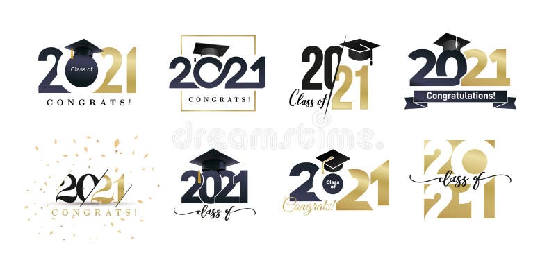 Clasa 2021 de insigne. concept de design pentru absolvenți. set pentru sigla absolvire auriu și negru. șablon pentru carduri site stock illustration