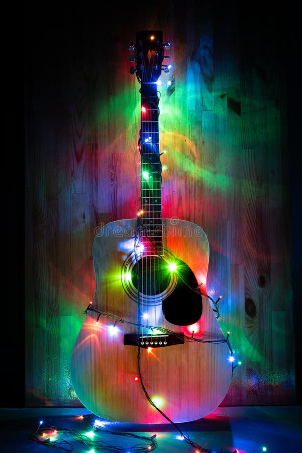 Classic Acoustic Guitar in Christmas Lights Stock Photo Image of
