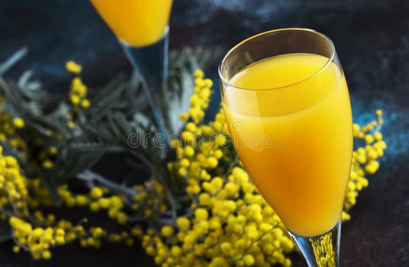 Classic alcohol cocktail mimosa with orange juice and cold dry champagne or sparkling wine in glasses, blue stone background with yellow flowers, copy space, spring mood, selective focus