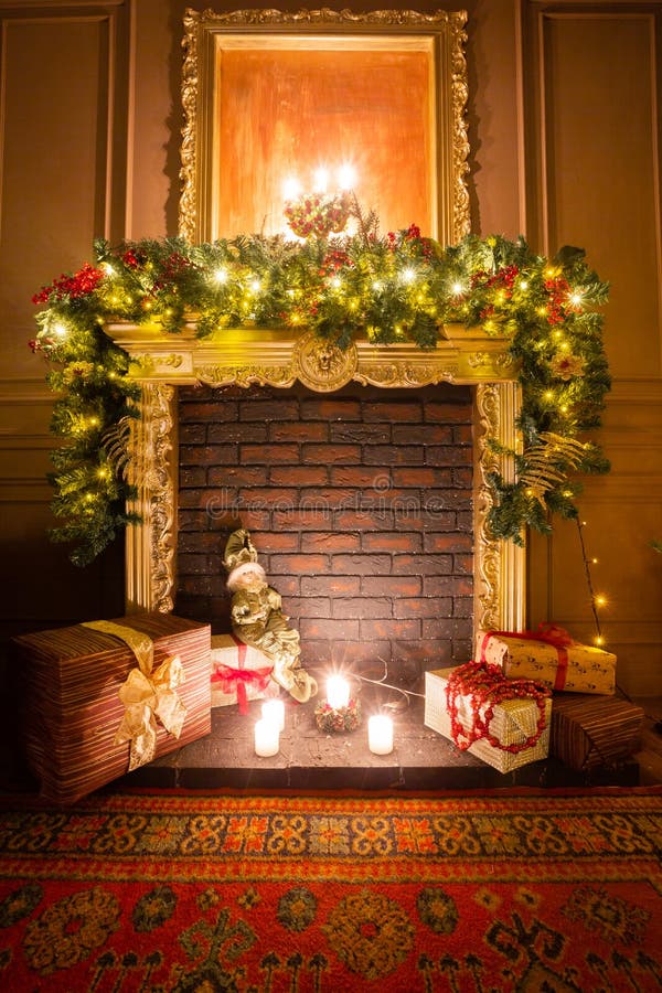 View of Nice White Christmas Decorated Fireplace Stock Image - Image of ...