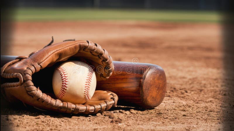 Classic Baseball, Glove, and Bat on Field with Copy-Space stock photos