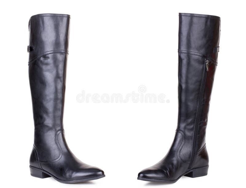 Classic black glossy leather high knee flat heels female boots. Two isolated