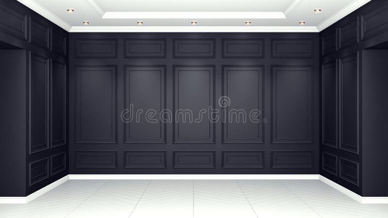 Classic black Interior living studio mock-up 3D rendering. Empty room for your montage