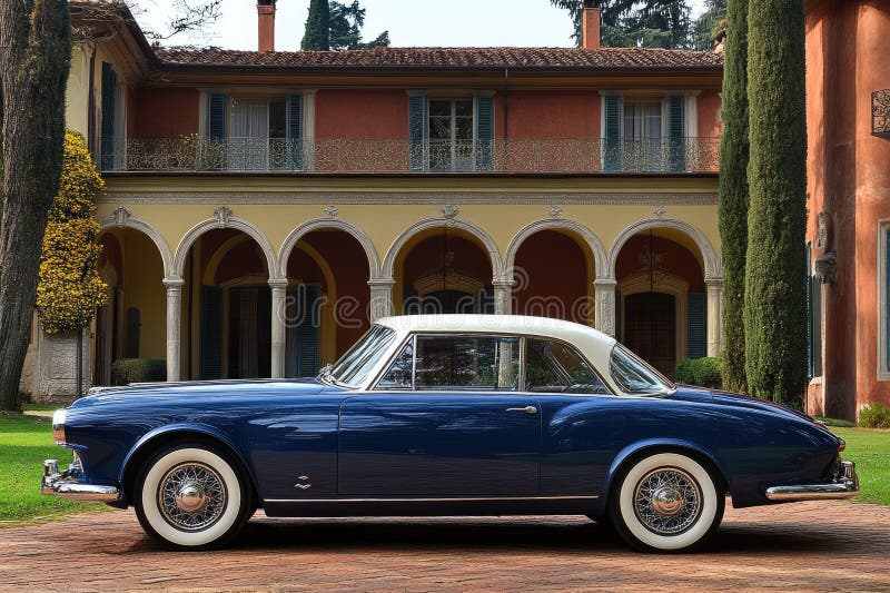 Classic Blue Coupe zaparkowany przed włoskim Villa ilustracja wektor