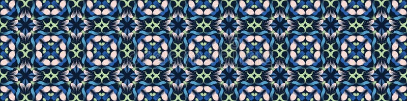 Classic Blue Floral Symmetry Motif Banner Background. Dark Abstract Flower Leaf Mosaic Seamless Border Pattern. Elegant Exotic vector illustration Classic Blue Floral Symmetry Motif Banner Background. Dark Abstract Flower Leaf Mosaic Seamless Border Pattern. Elegant Exotic vector illustration