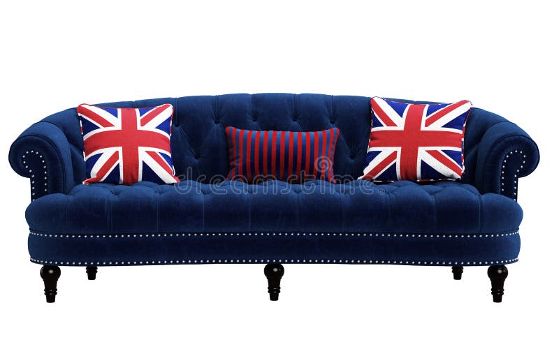 Classic Blue Sofa,pillows with British Flag Pattern Isolated on White