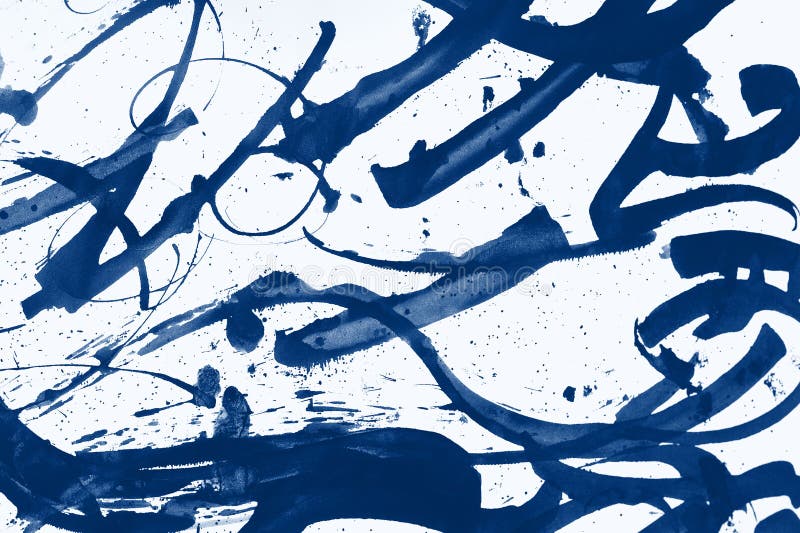 Classic blue tone abstract brush strokes and splashes of paint on paper. Grunge art calligraphy background. trendy 2020