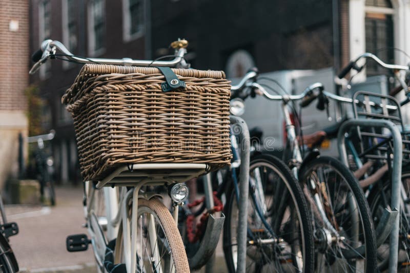 Classic Bycicle With Basket In Amsterdam Editorial Image Image of
