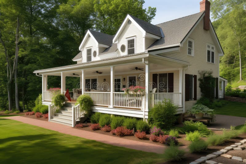 Classic Cape Cod House with Wrap-around Porch and Hanging Pots Stock ...