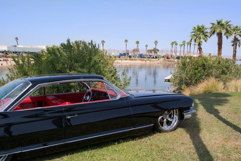 Classic car show and shine at the Colorado River stock images
