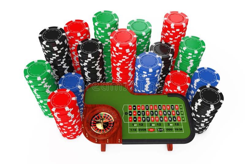 Classic Casino Roulette Table with Colorful Poker Casino Chips. stock illustration Classic Casino Roulette Table with Colorful Poker Casino Chips. stock illustration