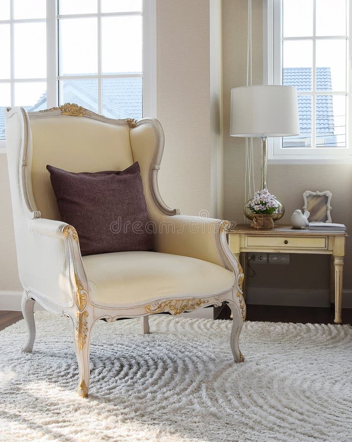 Classic chair with brown pillow on carpet in vintage bedroom royalty free stock images Classic chair with brown pillow on carpet in vintage bedroom royalty free stock images