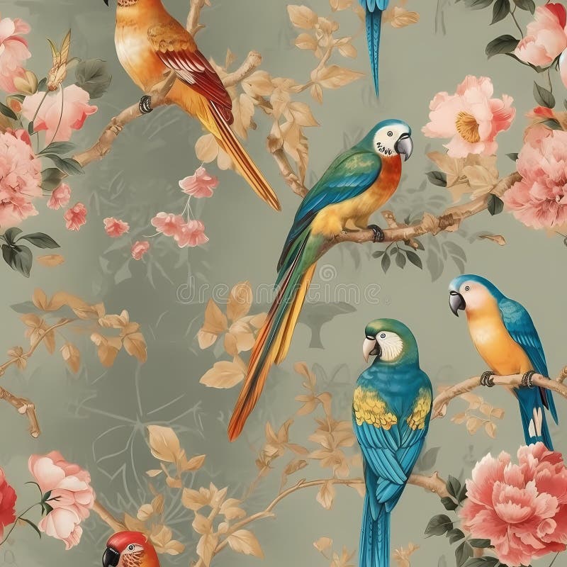 classic chinoiserie wallpaper Featuring a design of colorful birds in green and pink background seamless pattern