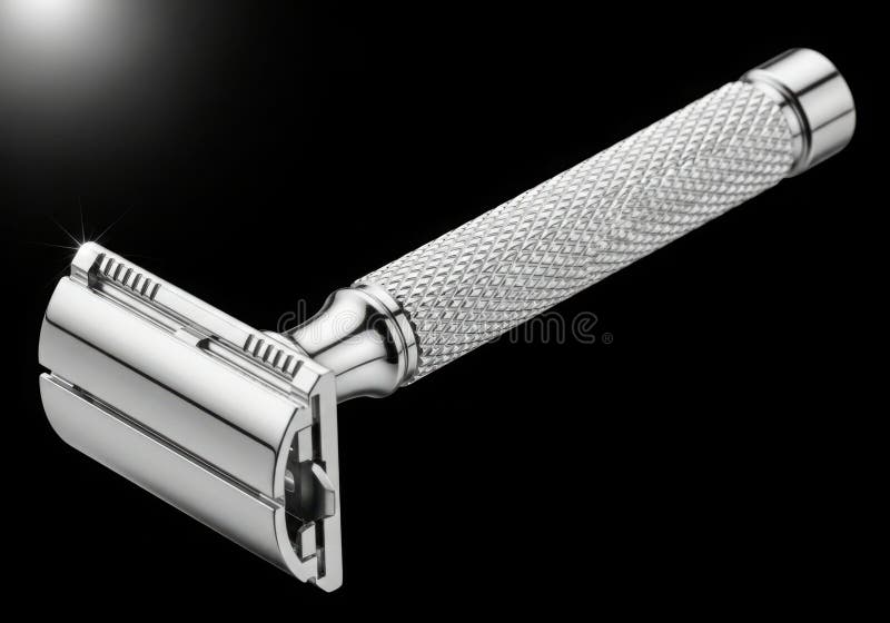 Classic chrome double edge safety razor with textured handle stock illustration