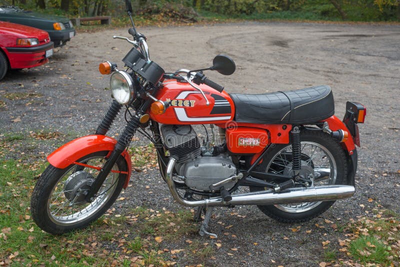 Classic Czechoslovak motorbike CEZET parked at a car show