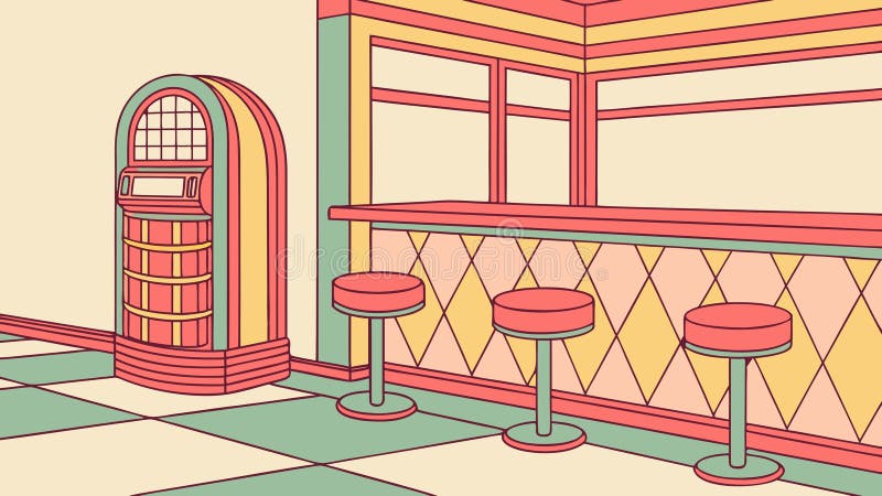Classic diner interior with jukebox, vibrant retro scene, vector design Generative AI stock illustration
