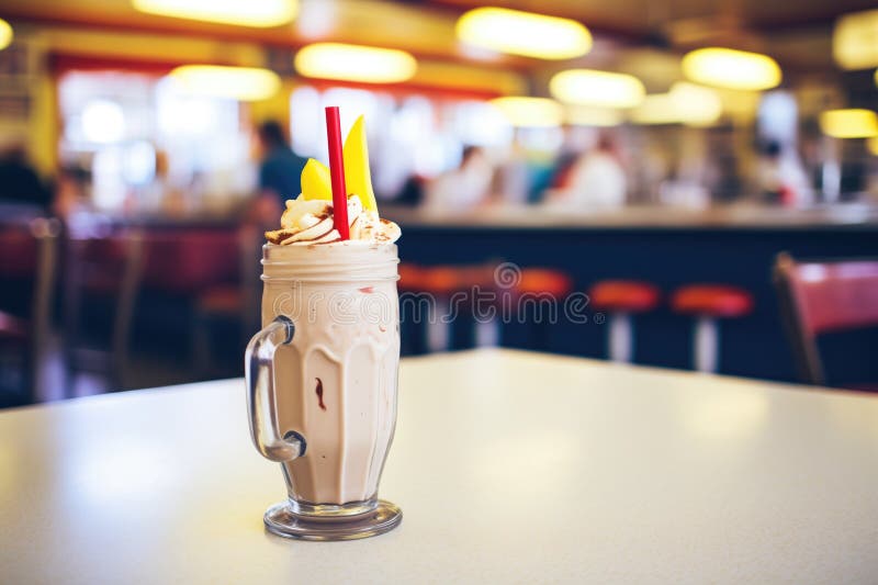 Classic Diner Scene with a Chocolate Milkshake in Front Stock Photo