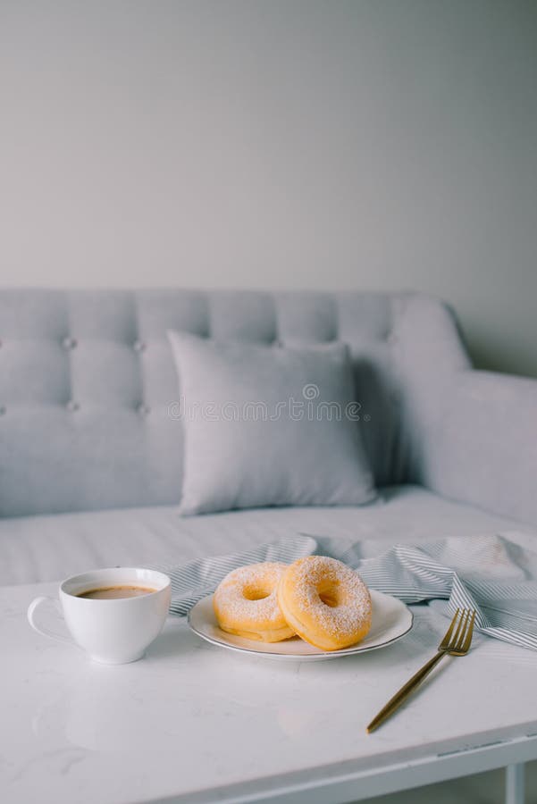 Classic Donut and Coffee on White Table Stock Image Image of food