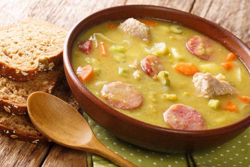 Classic Dutch Pea Soup Erwtensoep, Snert Closeup in the Plate. Horizontal Stock Image - Image of portion, plate: 203800511