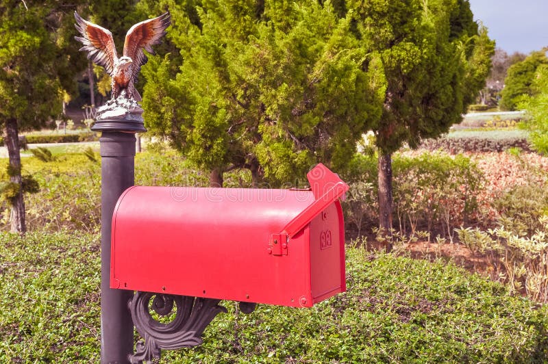 Classic English Red Mailbox on the Pillar Stock Photo - Image of