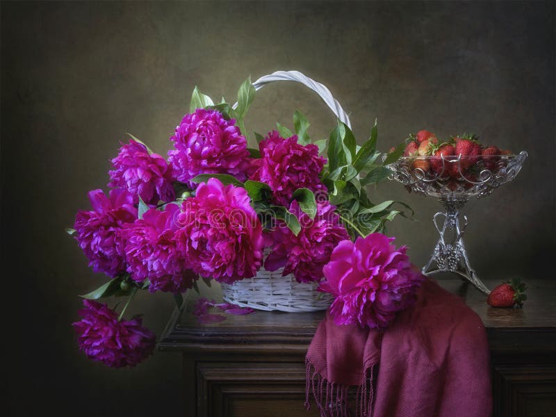 Still Life with Basket of Peonies and Strawberry in Vintage Vase Stock ...