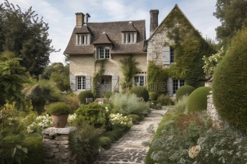 Classic French Country House with Manicured Gardens and Stone Walls ...