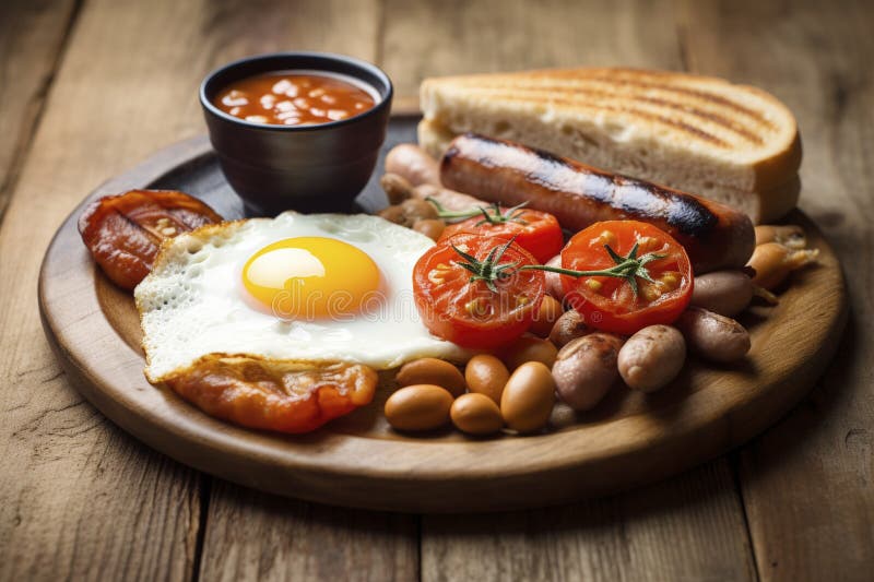 A Classic Full English Breakfast with Bacon, Eggs, Sausages, Baked