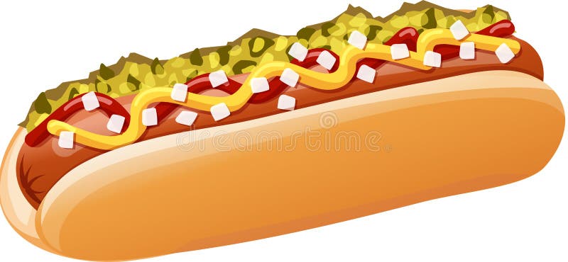 Classic hot dog with ketchup, mustard, onions, relish