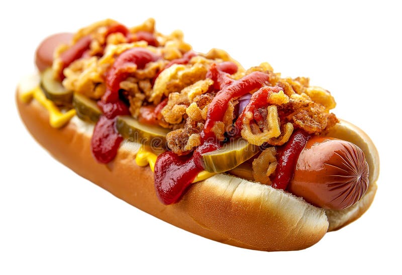 Classic hot dog topped with crispy onions, pickles, ketchup, and mustard, isolated on a transparent background. Perfect for fast stock illustration