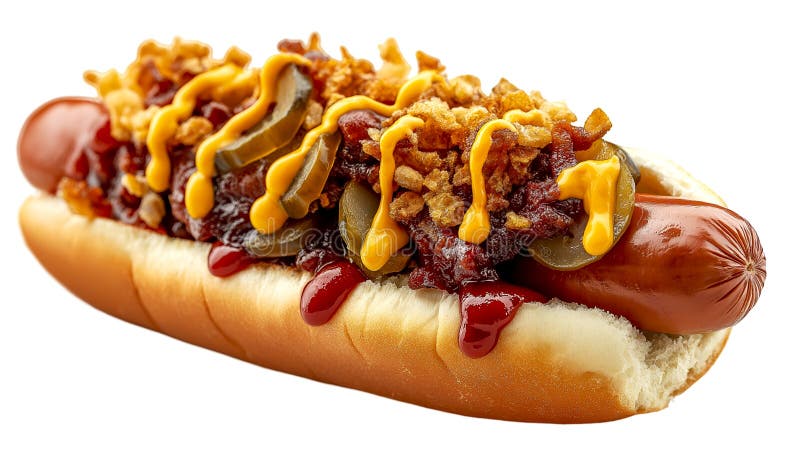Classic hot dog topped with crispy onions, pickles, ketchup, and mustard, isolated on a transparent background. Perfect for fast stock illustration