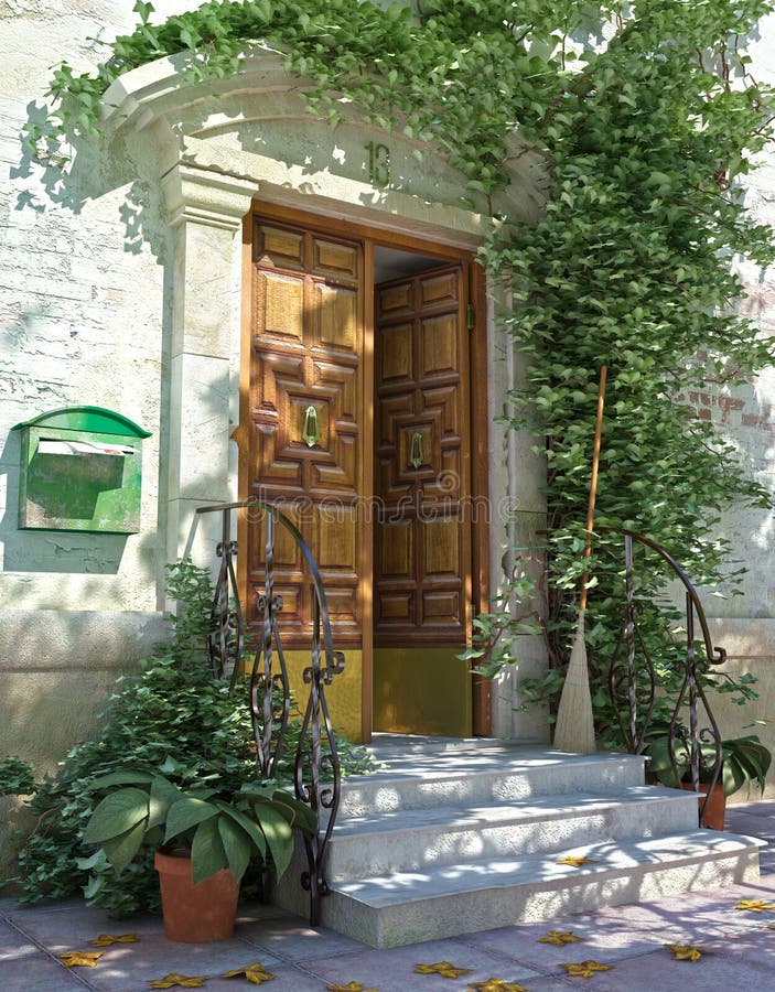 Classic house front door with stairs.