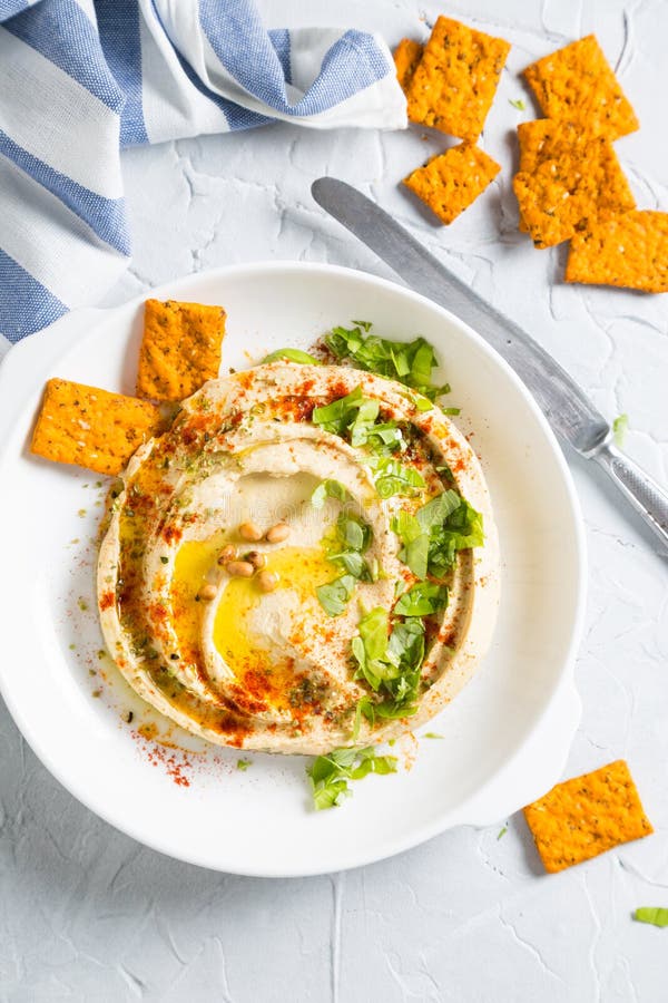Classic Hummus with Crispy Crackers Stock Photo Image of cooking