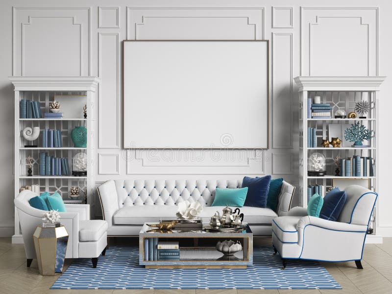 Classic interior room in blue and white colors with copy space